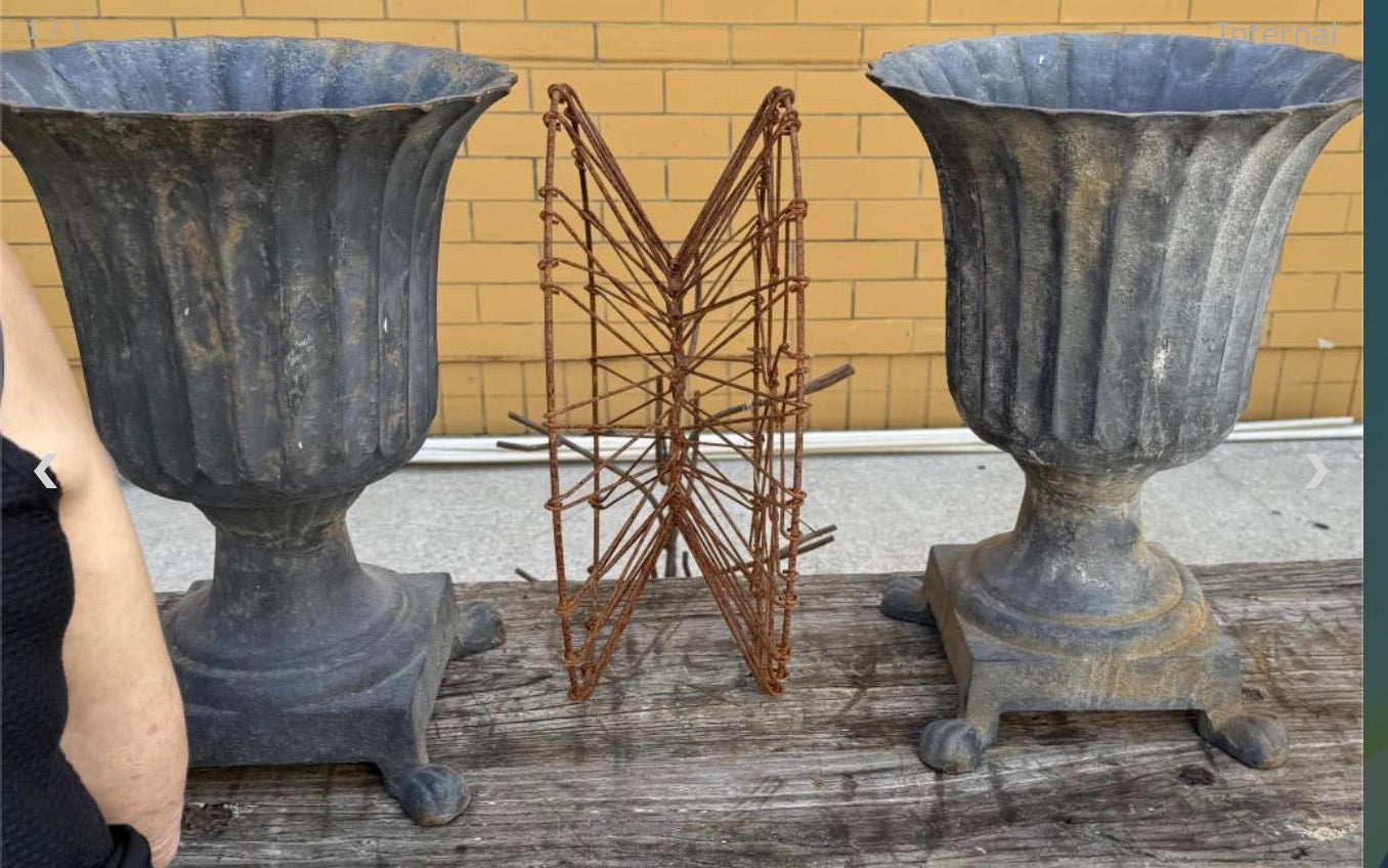 Small Pair of cast iron urns - fluted w/paw feet